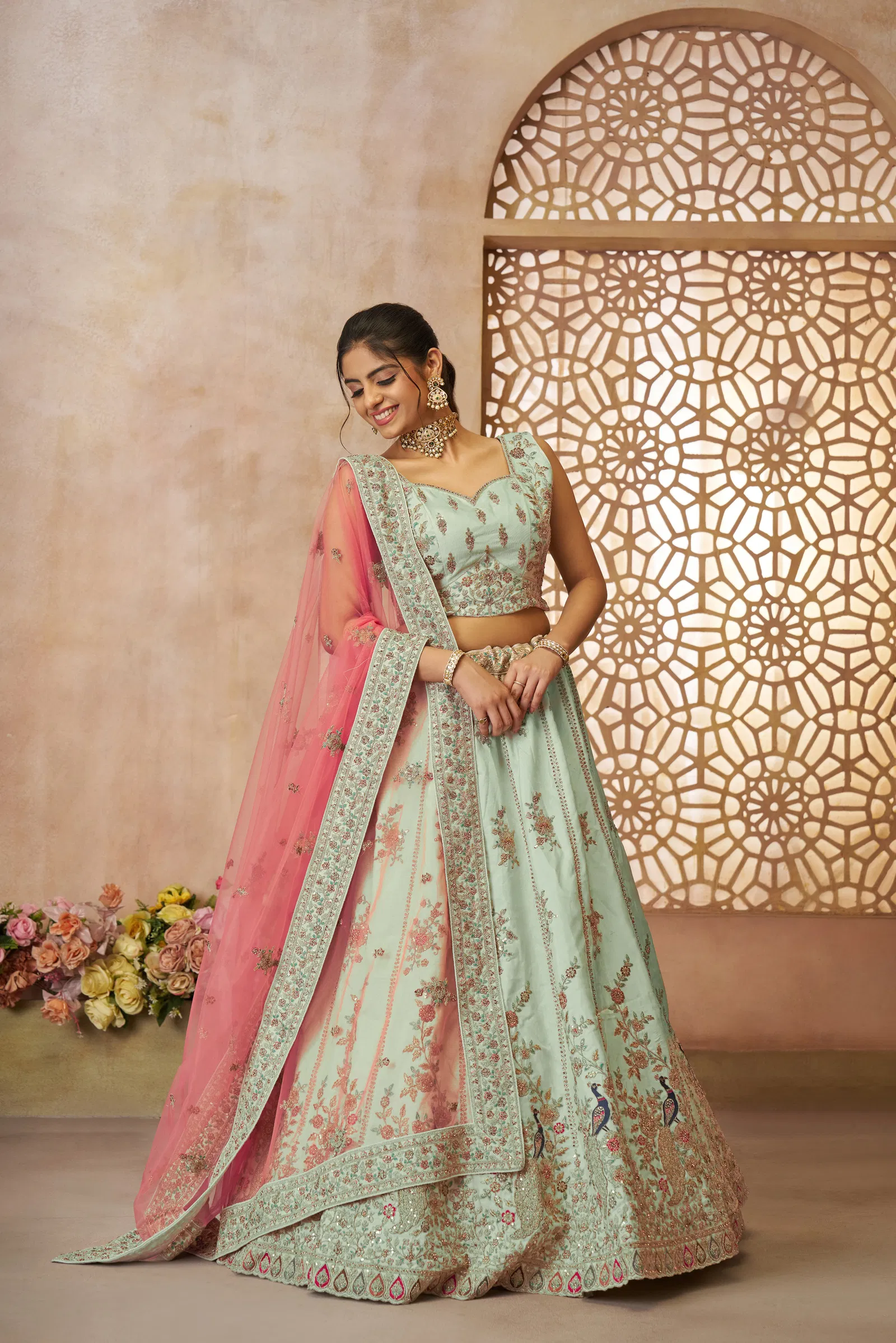 Kf 35 Green Blue Zari Silk Embroidery Work Lehenga Choli & Dupatta Wholesale In India